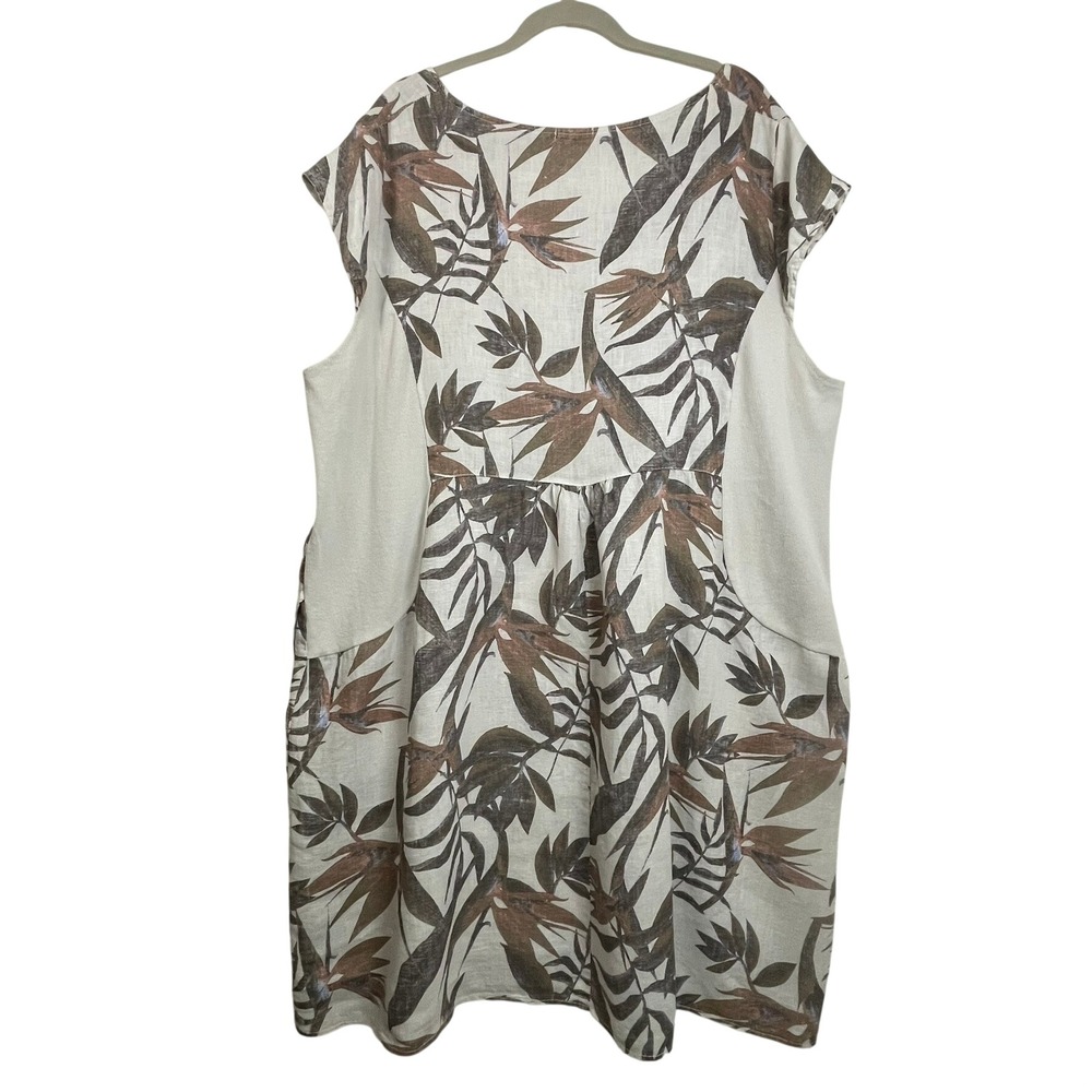 Lungo L'Arno Italy 2X 100% Linen Cotton Tropical Leaf Print Shift Dress Pockets - Picture 2 of 11